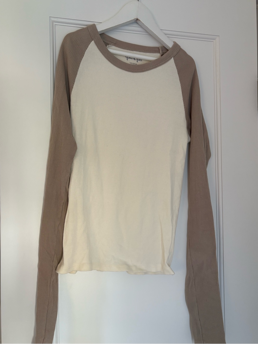 Ribbed Raglan Long Sleeve Top - Cream & Taupe John Galt